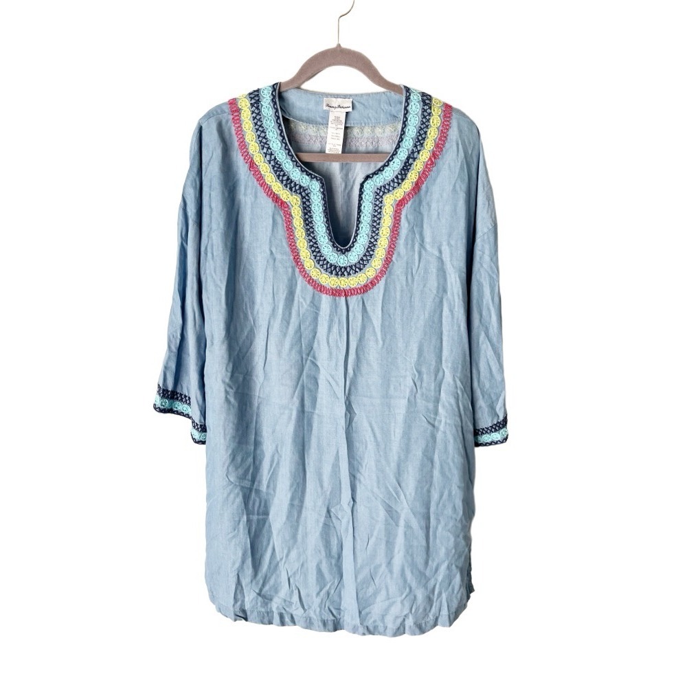 Tommy‎ Bahama Blue Chambray Tencel Embroidered Dress Size Medium READ